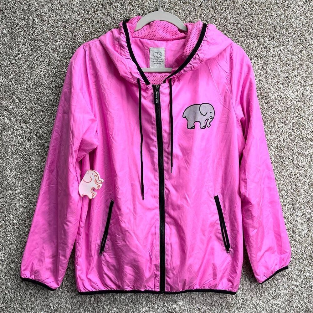 Ivory Ella Jacket Women’s Large Pink with Gray Logo Full Zip Up Hooded Windbreak